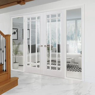 Image: ThruEasi White Room Divider - Manhattan Bevelled Clear Glass Primed Door Pair with Full Glass Sides