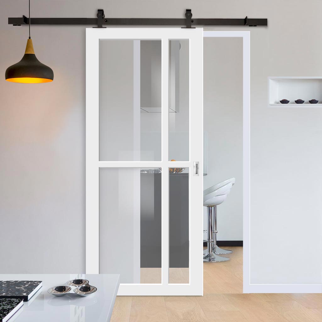Top Mounted Black Sliding Track & Solid Wood Door - Eco-Urban® Marfa 4 Pane Solid Wood Door DD6313G - Clear Glass - Cloud White Premium Primed