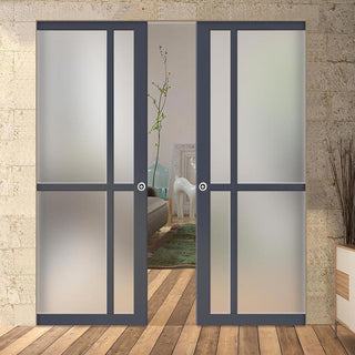Image: Handmade Eco-Urban® Marfa 4 Pane Double Absolute Evokit Pocket Door DD6313SG - Frosted Glass - Colour & Size Options