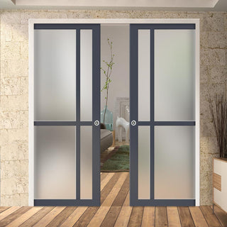 Image: Handmade Eco-Urban® Marfa 4 Pane Double Evokit Pocket Door DD6313SG - Frosted Glass - Colour & Size Options