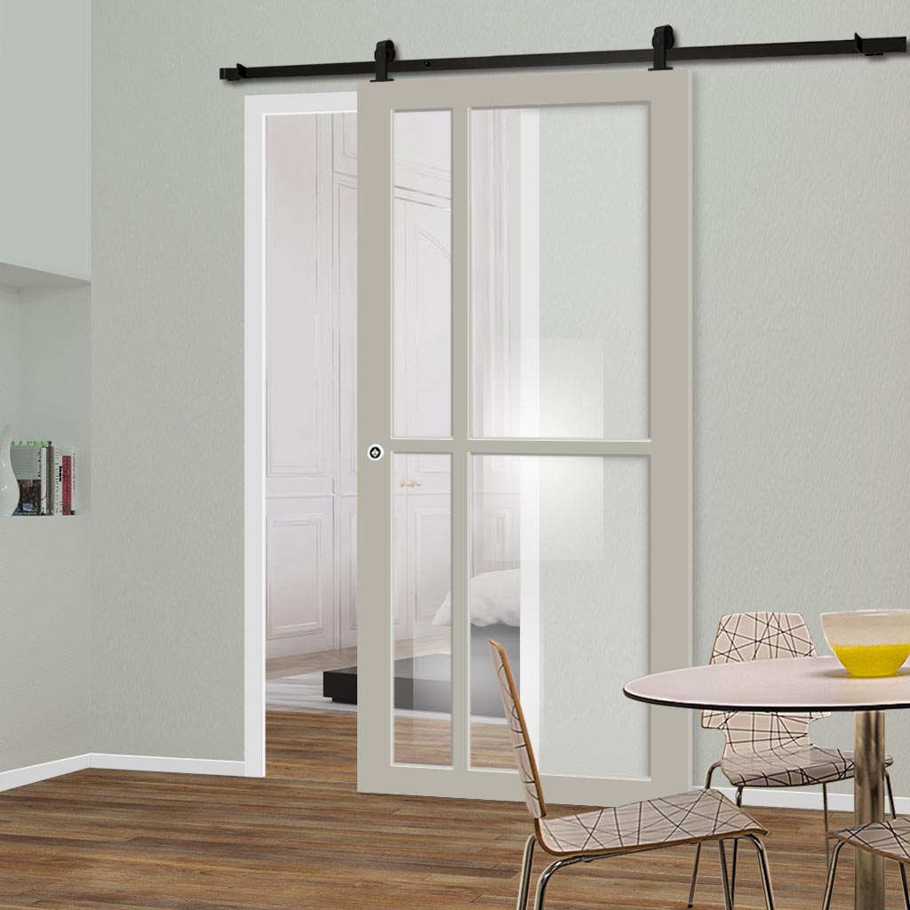 Top Mounted Black Sliding Track & Solid Wood Door - Eco-Urban® Marfa 4 Pane Solid Wood Door DD6313G - Clear Glass - Mist Grey Premium Primed