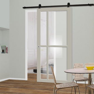 Image: Top Mounted Black Sliding Track & Solid Wood Door - Eco-Urban® Marfa 4 Pane Solid Wood Door DD6313G - Clear Glass - Mist Grey Premium Primed