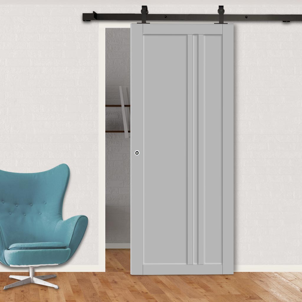 Top Mounted Black Sliding Track & Solid Wood Door - Eco-Urban® Melville 3 Panel Solid Wood Door DD6409 - Mist Grey Premium Primed