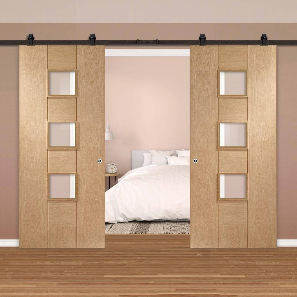 Top Mounted Black Sliding Track & Double Door - Messina Oak Doors - Clear Glass - Prefinished