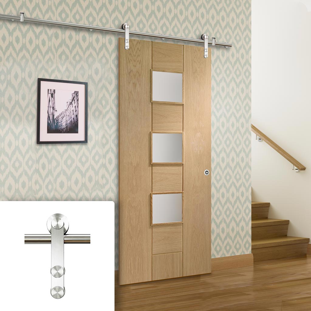 Saturn Tubular Stainless Steel Sliding Track & Messina Oak Door - Obscure Glass - Unfinished