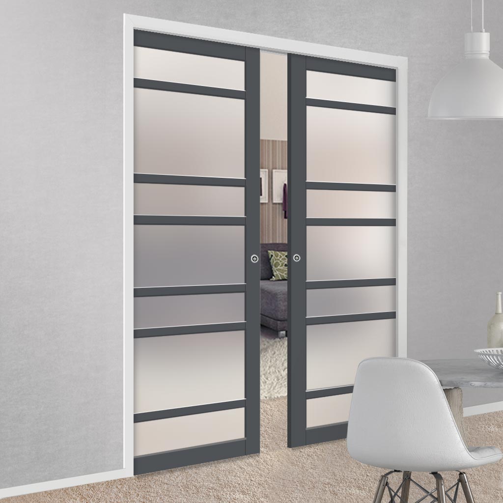 Bespoke Handmade Eco-Urban® Metropolitan 7 Pane Double Evokit Pocket Door DD6405SG Frosted Glass - Colour Options