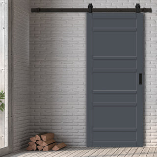 Image: Top Mounted Black Sliding Track & Solid Wood Door - Eco-Urban® Metropolitan 7 Panel Solid Wood Door DD6405 - Stormy Grey Premium Primed