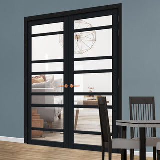 Image: Eco-Urban Metropolitan 7 Pane Solid Wood Internal Door Pair UK Made DD6405G Clear Glass - Eco-Urban® Shadow Black Premium Primed