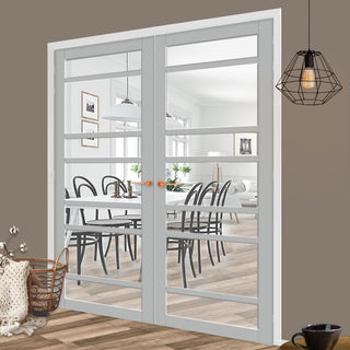 Image: Eco-Urban Metropolitan 7 Pane Solid Wood Internal Door Pair UK Made DD6405G Clear Glass  - Eco-Urban® Mist Grey Premium Primed