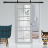Top Mounted Black Sliding Track & Solid Wood Door - Eco-Urban® Metropolitan 7 Pane Solid Wood Door DD6405G Clear Glass - Mist Grey Premium Primed