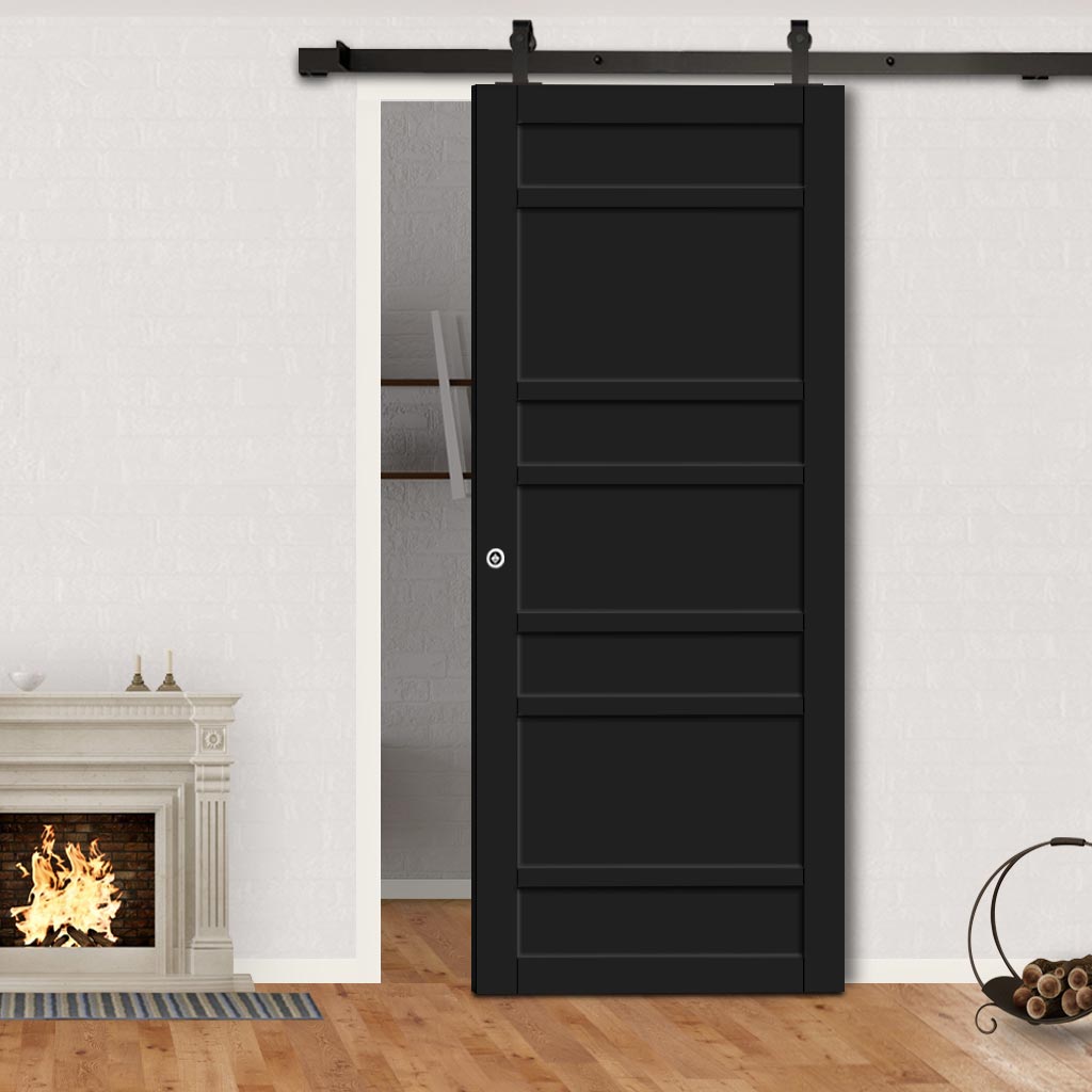 Top Mounted Black Sliding Track & Solid Wood Door - Eco-Urban® Metropolitan 7 Panel Solid Wood Door DD6405 - Shadow Black Premium Primed