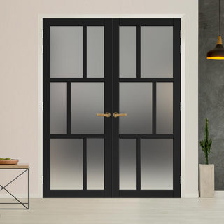 Image: Eco-Urban Milan 6 Pane Solid Wood Internal Door Pair UK Made DD6422SG Frosted Glass - Eco-Urban® Shadow Black Premium Primed