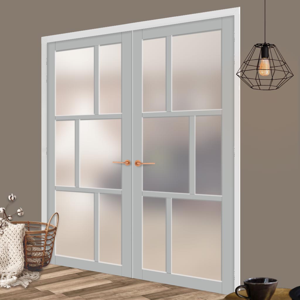 Eco-Urban Milan 6 Pane Solid Wood Internal Door Pair UK Made DD6422SG Frosted Glass - Eco-Urban® Mist Grey Premium Primed