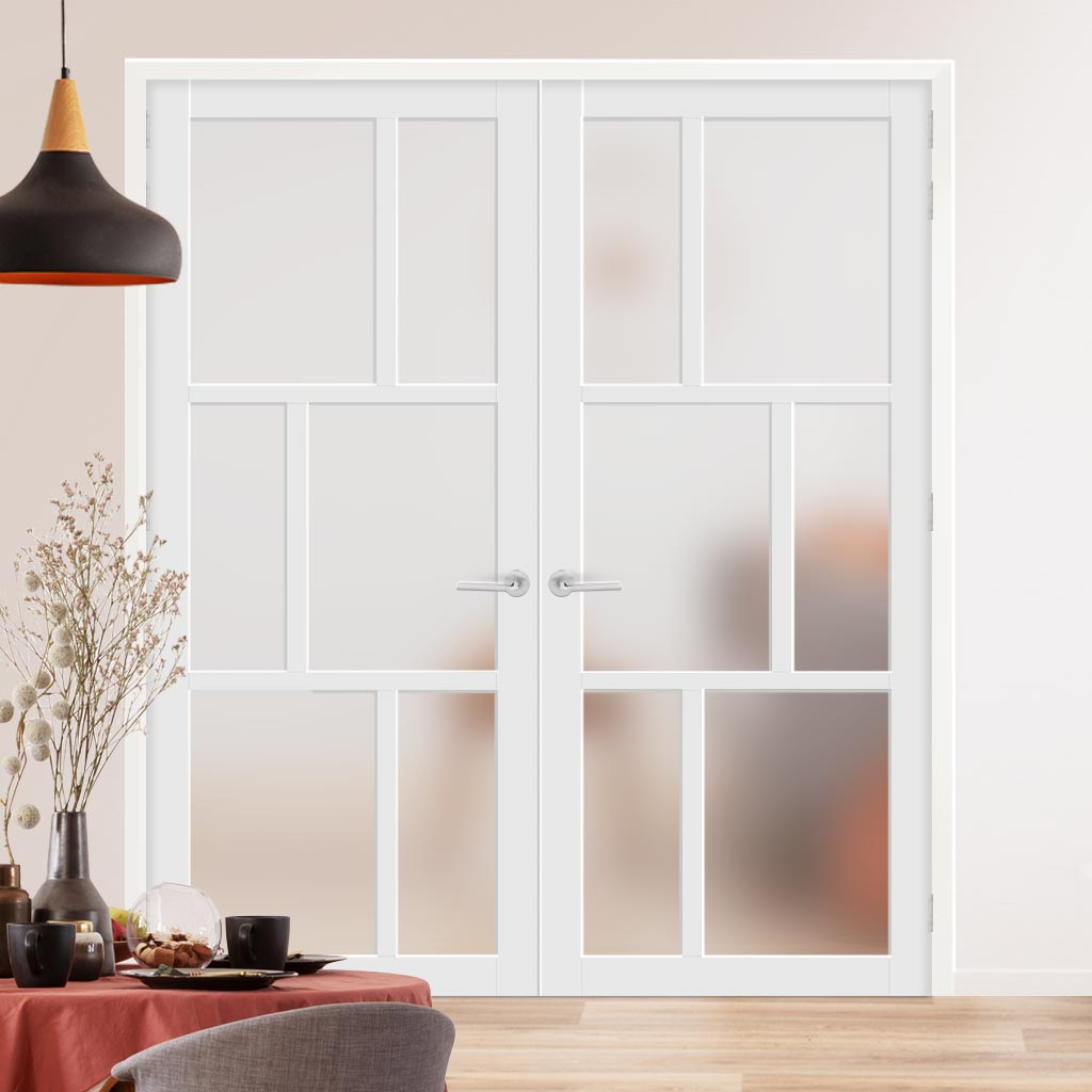 Eco-Urban Milan 6 Pane Solid Wood Internal Door Pair UK Made DD6422SG Frosted Glass - Eco-Urban® Cloud White Premium Primed