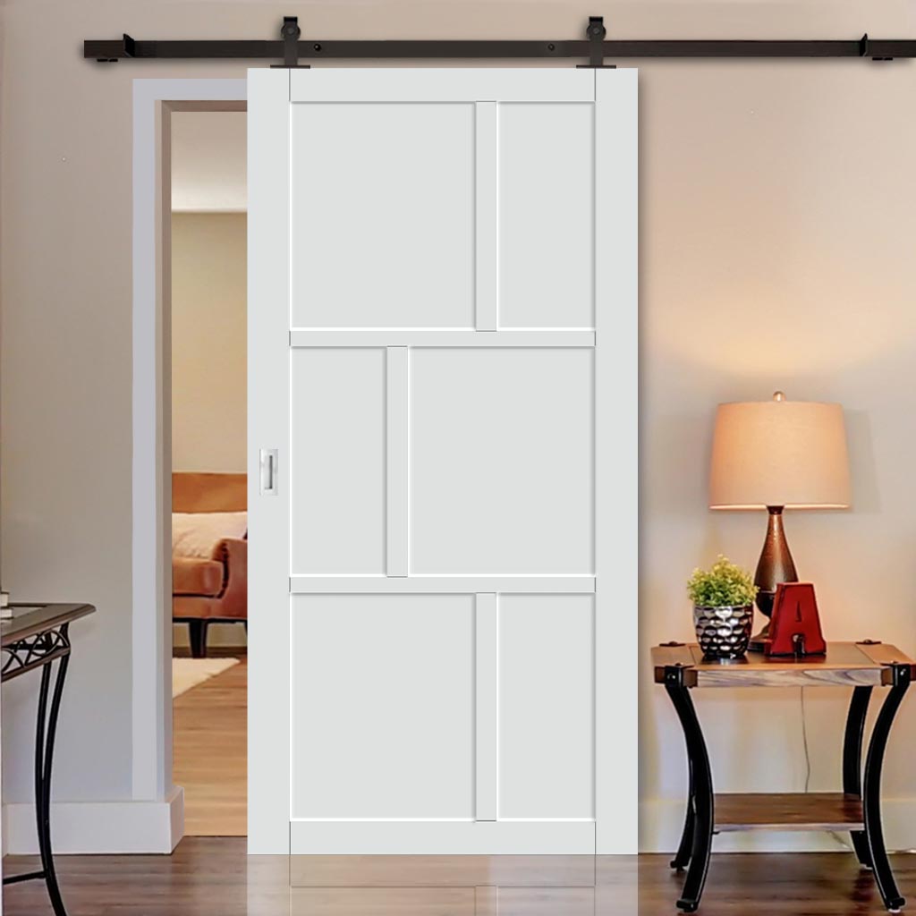 Top Mounted Black Sliding Track & Solid Wood Door - Eco-Urban® Milan 6 Panel Solid Wood Door DD6422 - Cloud White Premium Primed