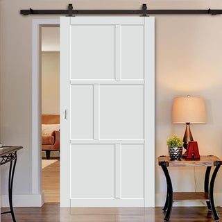 Image: Top Mounted Black Sliding Track & Solid Wood Door - Eco-Urban® Milan 6 Panel Solid Wood Door DD6422 - Cloud White Premium Primed