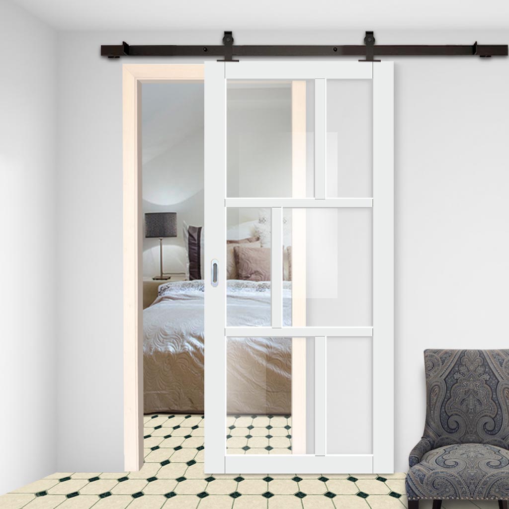 Top Mounted Black Sliding Track & Solid Wood Door - Eco-Urban® Milan 6 Pane Solid Wood Door DD6422G Clear Glass - Cloud White Premium Primed