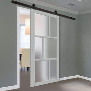 Image: Top Mounted Black Sliding Track & Solid Wood Door - Eco-Urban® Milan 6 Pane Solid Wood Door DD6422SG Frosted Glass - Mist Grey Premium Primed