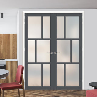 Image: Eco-Urban Milan 6 Pane Solid Wood Internal Door Pair UK Made DD6422SG Frosted Glass - Eco-Urban® Stormy Grey Premium Primed