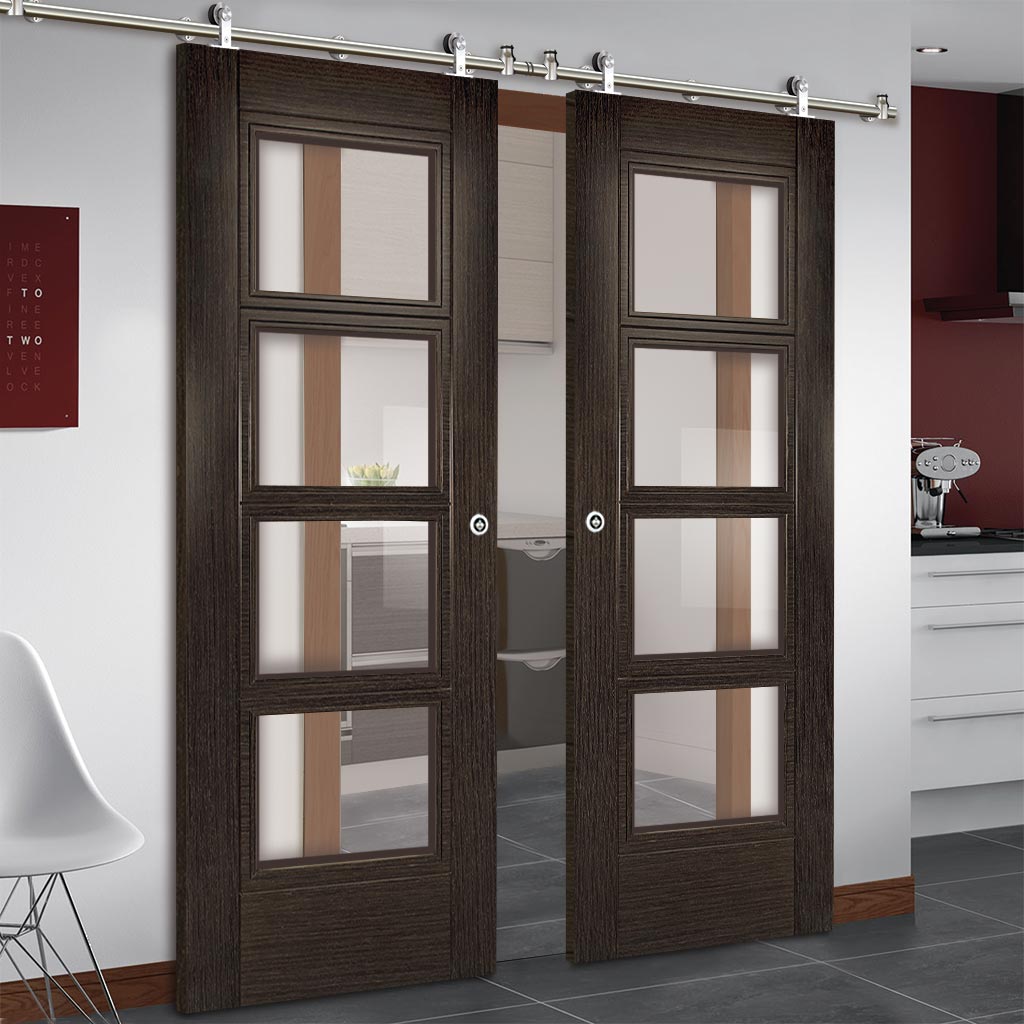 Sirius Tubular Stainless Steel Sliding Track & Montreal Dark Grey Ash Double Door - Clear Glass - Prefinished