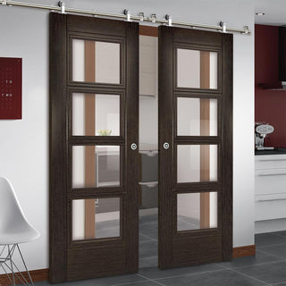Image: Sirius Tubular Stainless Steel Sliding Track & Montreal Dark Grey Ash Double Door - Clear Glass - Prefinished
