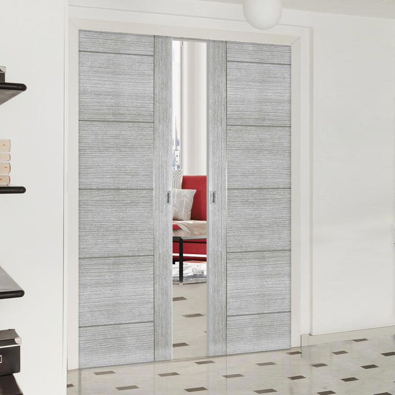 Montreal Double Evoki Pocket Doors -Light Grey Ash - Prefinished