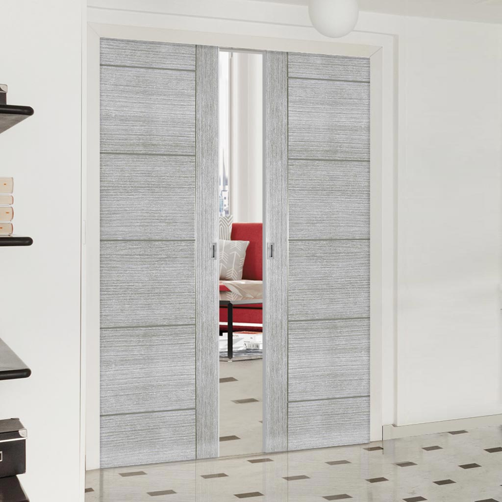 Montreal Double Evokit Pocket Doors - Light Grey Ash - Prefinished