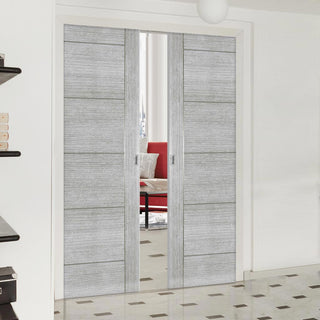 Image: Montreal Double Evokit Pocket Doors - Light Grey Ash - Prefinished