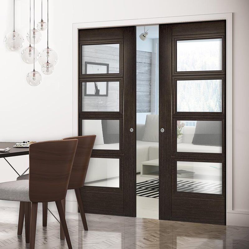 Montreal Double Evoki Pocket Doors - Clear Glass - Dark Grey Ash - Prefinished