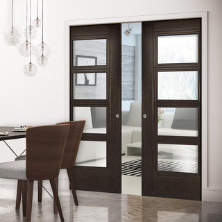 Image: Montreal Double Evokit Pocket Doors - Clear Glass - Dark Grey Ash - Prefinished