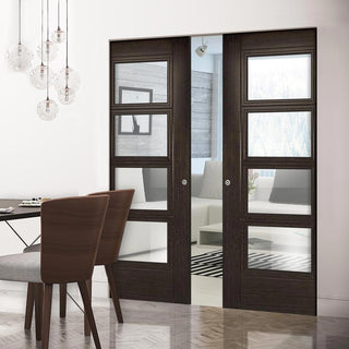 Image: Montreal Double Absolute Evokit Pocket Door - Clear Glass - Dark Grey Ash - Prefinished