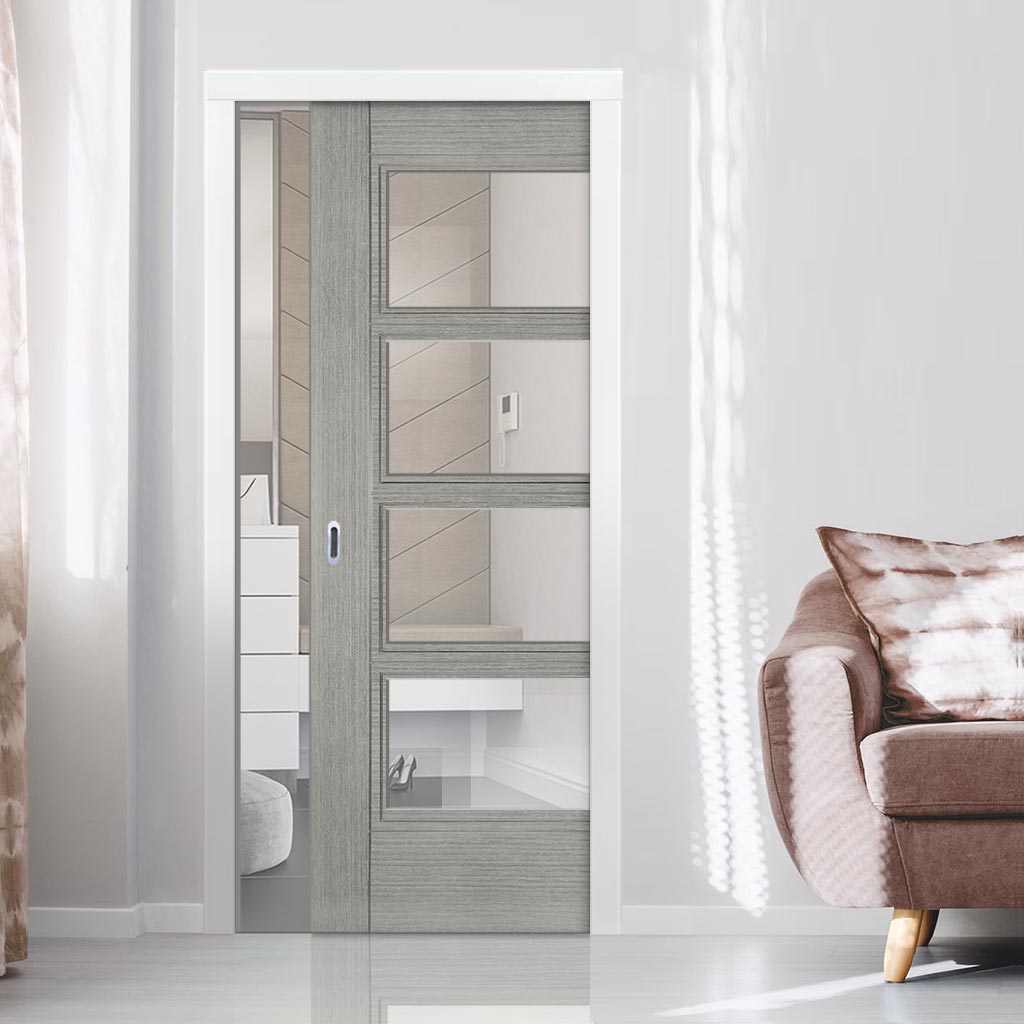 Montreal Single Evokit Pocket Door -Light Grey Ash - Prefinished - Clear Glass