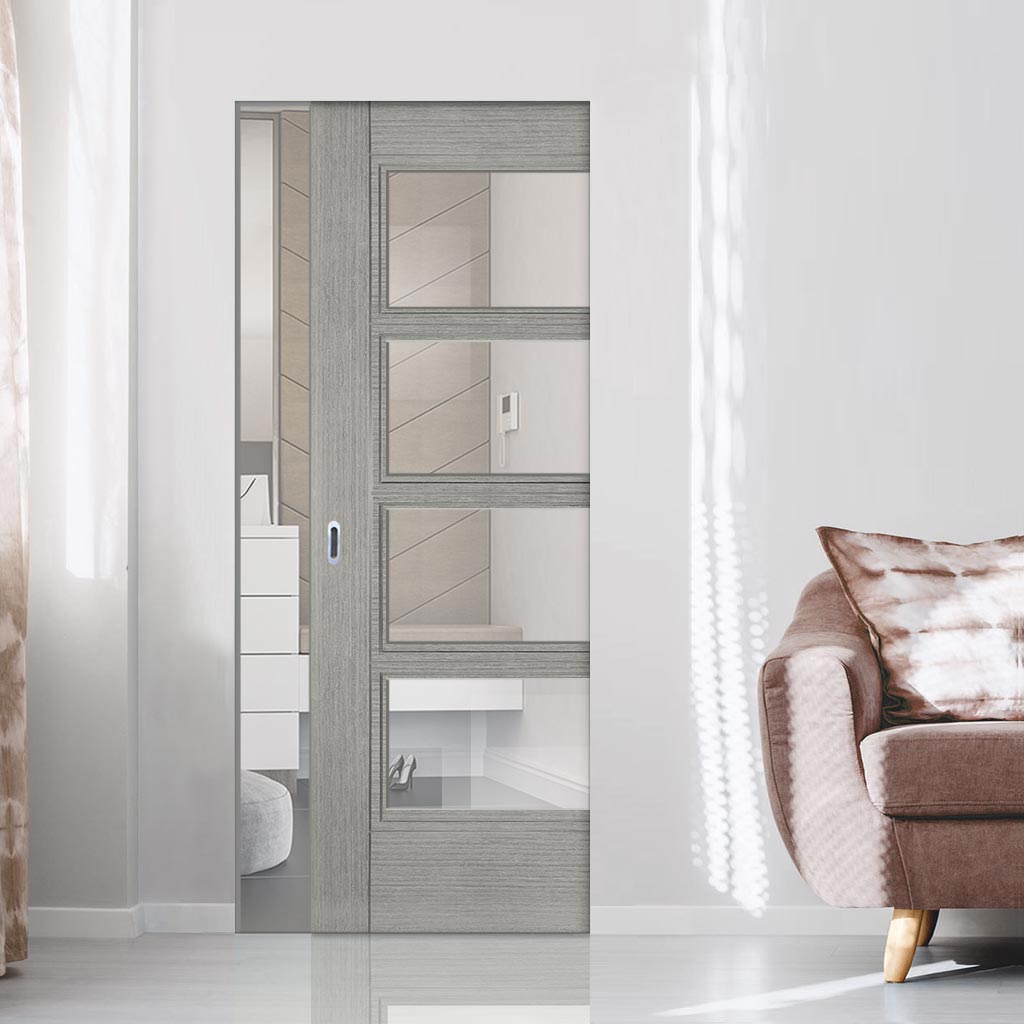 Montreal Single Absolute Evokit Pocket Door -Light Grey Ash - Prefinished - Clear Glass