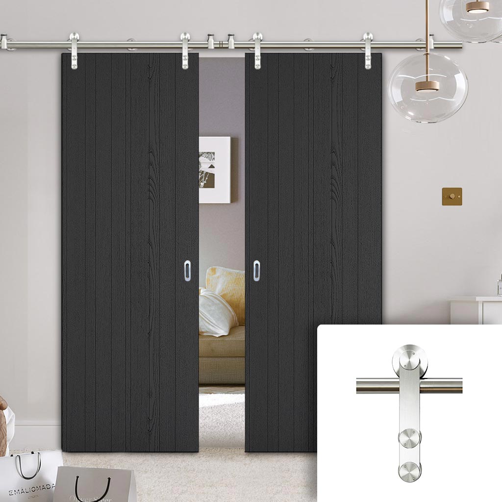 Saturn Tubular Stainless Steel Sliding Track & Laminate Montreal Black Double Door - Prefinished