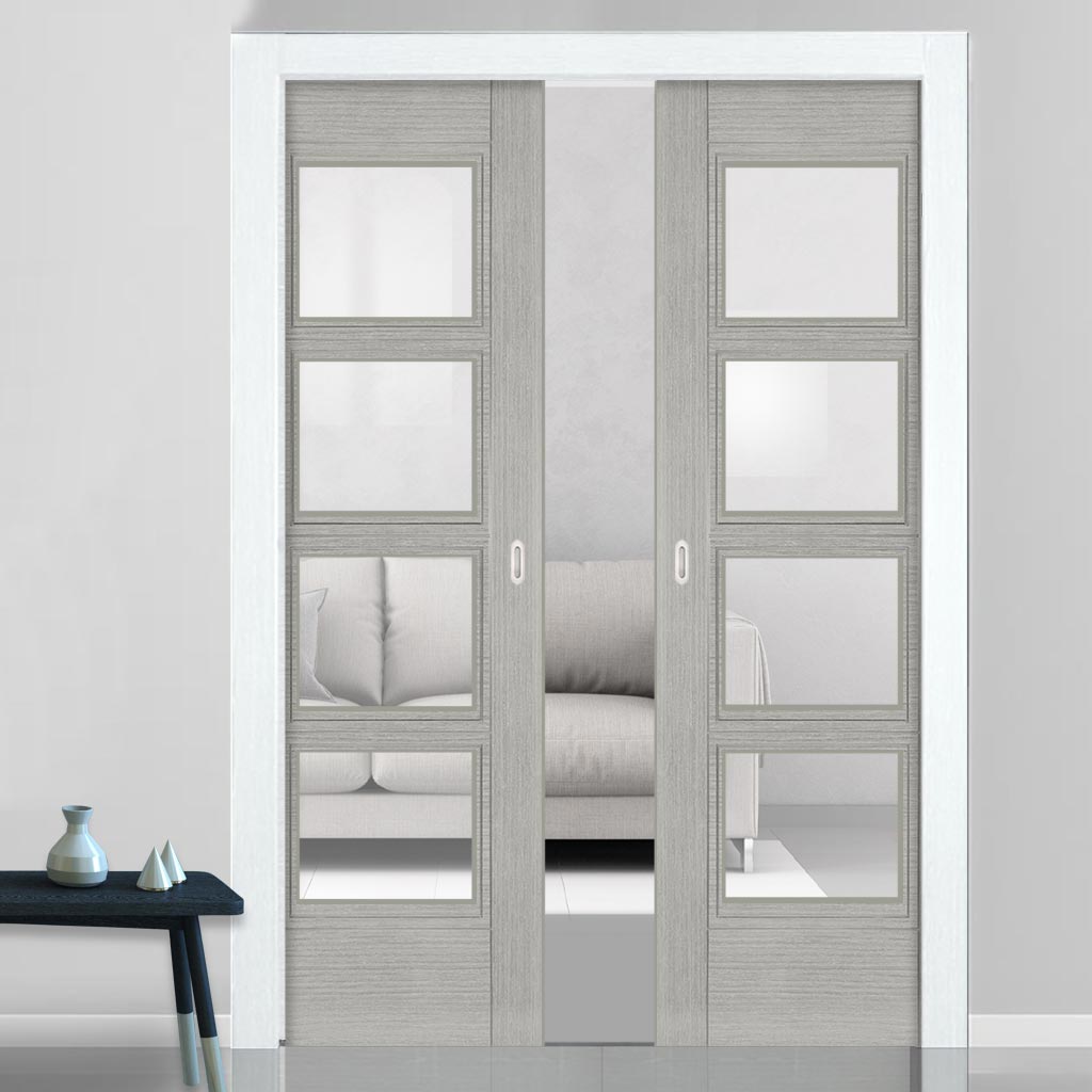 Montreal Double Evokit Pocket Doors - Light Grey Ash - Prefinished - Clear Glass