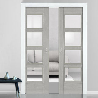Image: Montreal Double Evokit Pocket Doors - Light Grey Ash - Prefinished - Clear Glass