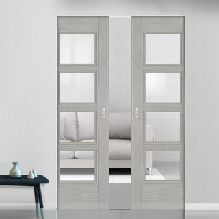 Image: Montreal Double Absolute Evokit Pocket Door -Light Grey Ash - Prefinished - Clear Glass