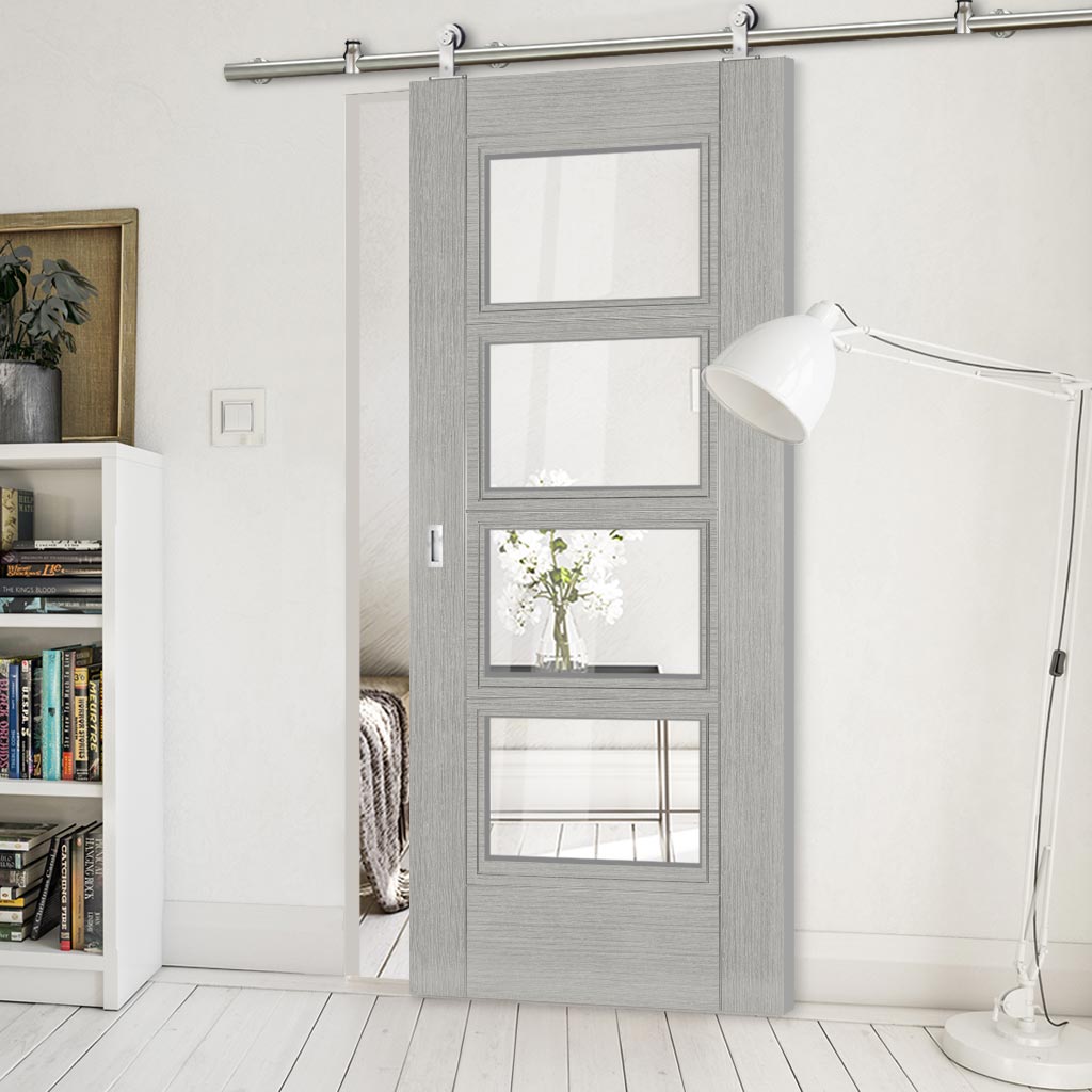 Sirius Tubular Stainless Steel Sliding Track & Montreal Light Grey Ash Door - Clear Glass - Prefinished
