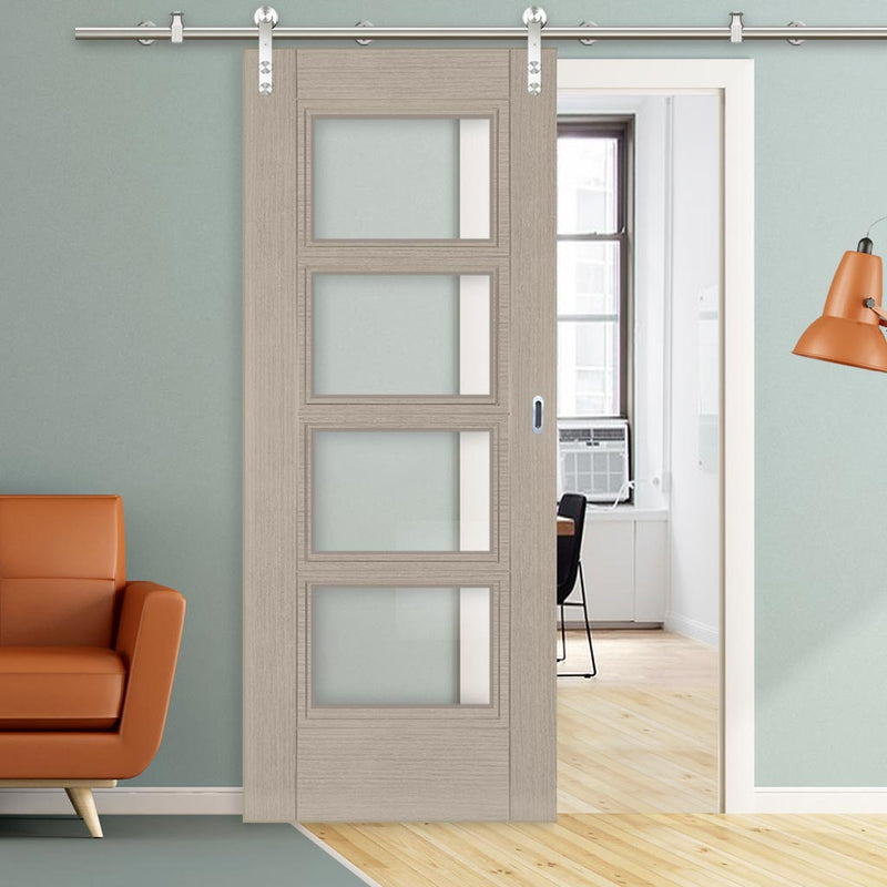 Saturn Tubular Stainless Steel Sliding Track & Montreal Light Grey Ash Door - Clear Glass - Prefinished