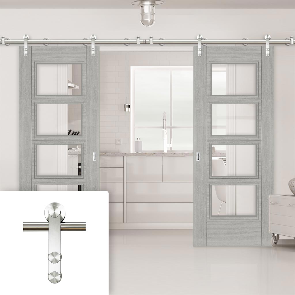 Saturn Tubular Stainless Steel Sliding Track & Montreal Light Grey Ash Double Door - Clear Glass - Prefinished