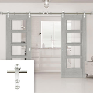 Image: Saturn Tubular Stainless Steel Sliding Track & Montreal Light Grey Ash Double Door - Clear Glass - Prefinished