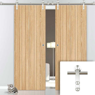 Image: Saturn Tubular Stainless Steel Sliding Track & Montreal Oak Flush Internal Double Door - Prefinished