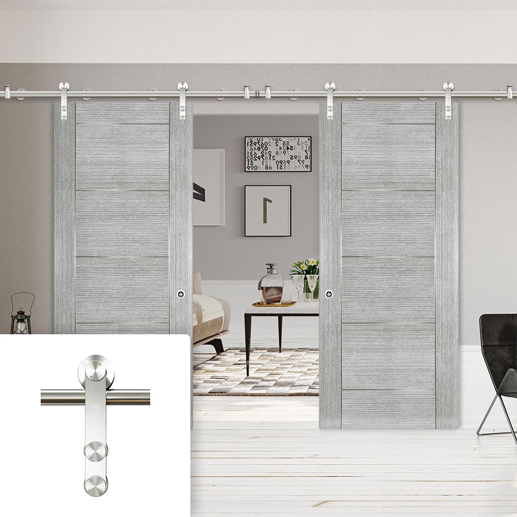 Saturn Tubular Stainless Steel Sliding Track & Montreal Prefinished Light Grey Ash Double Door