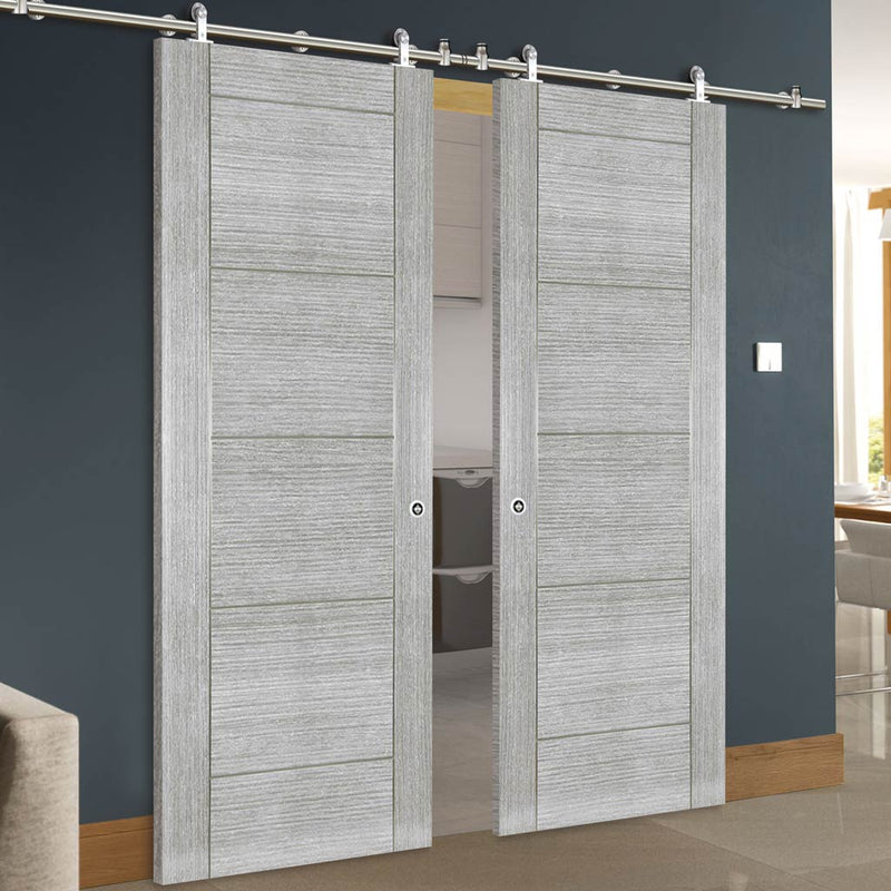 Sirius Tubular Stainless Steel Sliding Track & Montreal Prefinished Light Grey Ash Double Door