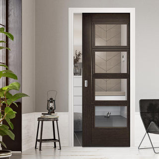 Image: Montreal Single Evokit Pocket Door - Clear Glass - Dark Grey Ash - Prefinished