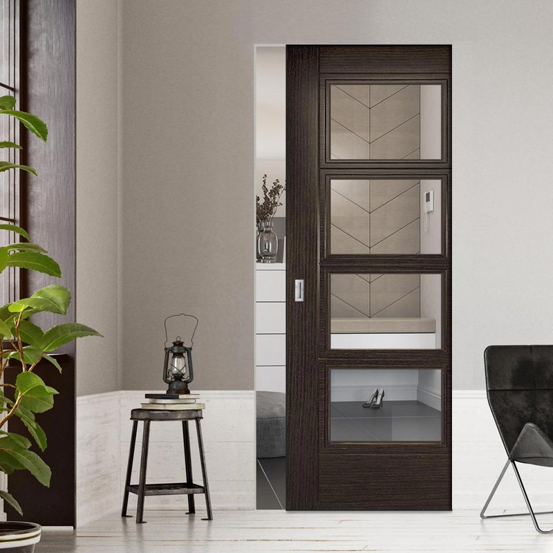 Montreal Single Absolute Evokit Pocket Door - Clear Glass - Dark Grey Ash - Prefinished