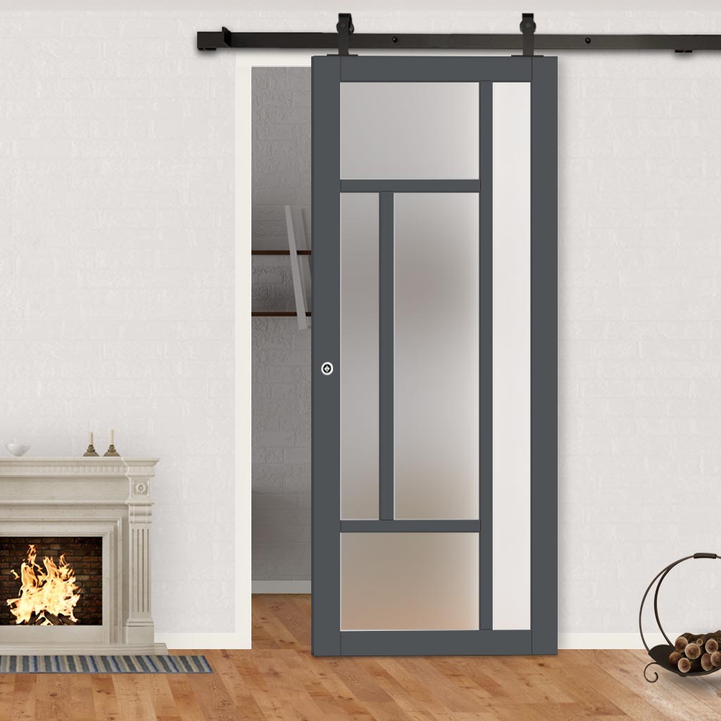 Top Mounted Black Sliding Track & Solid Wood Door - Eco-Urban® Morningside 5 Pane Solid Wood Door DD6437SG Frosted Glass - Stormy Grey Premium Primed