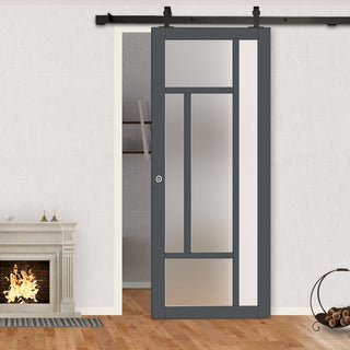 Image: Top Mounted Black Sliding Track & Solid Wood Door - Eco-Urban® Morningside 5 Pane Solid Wood Door DD6437SG Frosted Glass - Stormy Grey Premium Primed