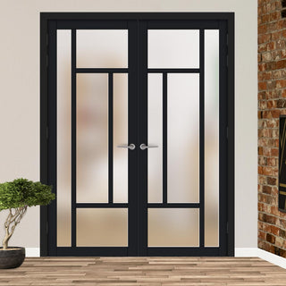 Image: Morningside 5 Pane Solid Wood Internal Door Pair UK Made DD6437SG Frosted Glass - Eco-Urban® Shadow Black Premium Primed