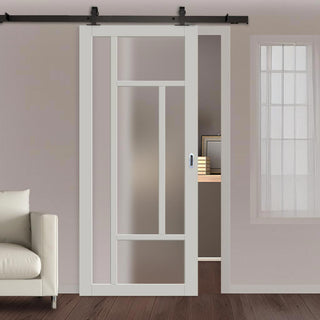 Image: Top Mounted Black Sliding Track & Solid Wood Door - Eco-Urban® Morningside 5 Pane Solid Wood Door DD6437SG Frosted Glass - Mist Grey Premium Primed